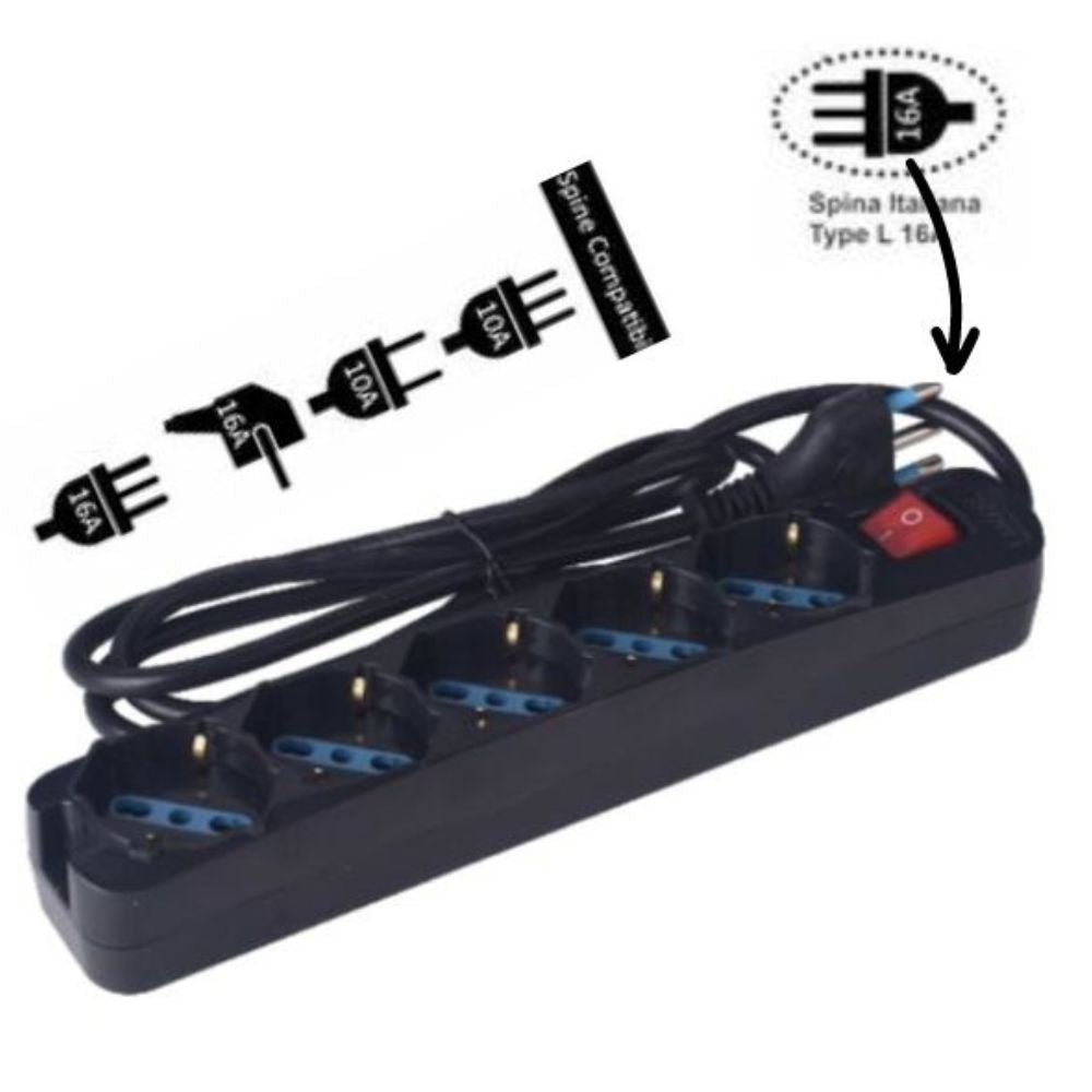Multipresa 5 posti schuko con interrutore spina 16a colore nero