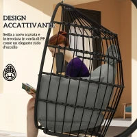 Poltrona Sospesa a Uovo con Gancio Regolabile, 2 Cuscini e Cesto, in Acciaio, 120x88x192 cm, Nero e Grigio