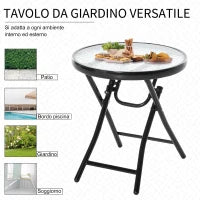 Tavolo da Giardino Pieghevole in Metallo, Tavolino da Giardino Piccolo con Ripiano in Vetro e Blocco di Sicurezza, Φ45x50cm Nero