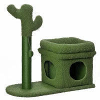 Tiragraffi per Gatti con Lettino, Casetta e Palo in Sisal a Forma di Cactus, 68x30x67cm, Verde