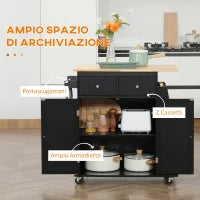 Carrello da Cucina con Armadietto, 2 Cassetti e Portaspezie, Isola da Cucina in Legno, 89x45x89.5cm, Nero