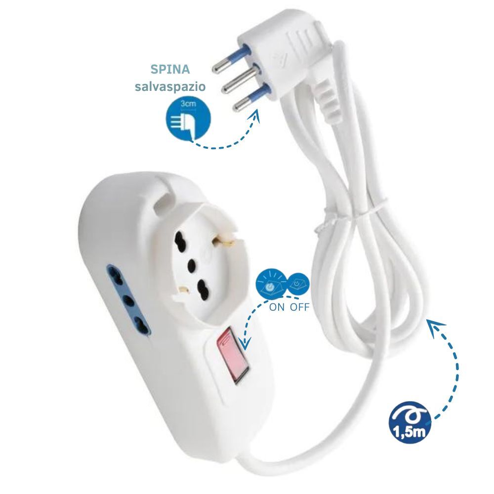 Multipresa 2 prese bipasso 10/16a universale shuko spina angolo 10a 1,5 metri