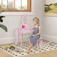 Tavolo Trucco per Bambini con Sgabello in Legno, Toeletta con Specchio e Cassetto, 60x36x88cm, Rosa