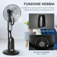Ventilatore Nebulizzatore e Deumidificatore Oscillante 70° con 3 Modalità, Telecomando e Timer 7.5h, Tanica 2.8L, 90W, Ф44.5cm x 120cm