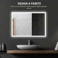kleankin Specchio Bagno con Luce LED, Funzione Anti-Appannamento e Tasti Touch, 70x50cm, Argento
