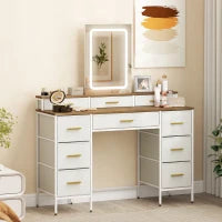 Toeletta con specchio e luci LED a 3 colori, con 10 cassetti in tessuto, 118,5 x 39,5 x 140 cm Legno naturale