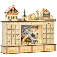 Calendario dell'Avvento in Legno con 24 Cassetti da Riempire, Decorazione con Villaggio di Natale e Luci, 44x10x37cm