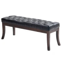 Panca Fondo Letto Imbottita con Design a Bottoni e Gambe Ricurve, in Pelle PU e Legno, 120x38x46 cm, Nero