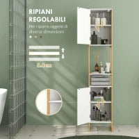 Colonna Bagno Salvaspazio in Bambù con Ripiani Aperti e 2 Armadietti con Apertura a Pressione, Bianco