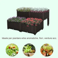 Set 4 Pezzi Fioriere da Esterno Autoirriganti Rialzate Letto da Giardino Rialzato per Fiori Effetto Rattan in PP, Marrone