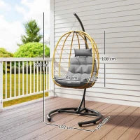 Poltrona Sospesa e Pieghevole con Cuscini, in Acciaio e Rattan PE, 102x102x195 cm, Nera Grigia e Beige