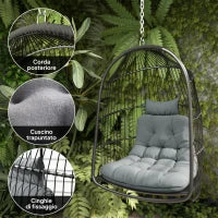 Sedia Sospesa a Dondolo Pieghevole da Interno ed Esterno con Cuscino e Poggiatesta, Grigio Scuro
