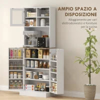 Dispensa da Cucina Porta Microonde con Ripiani Aperti e Armadietto con Portaspezie, 60x35x169 cm, Bianco