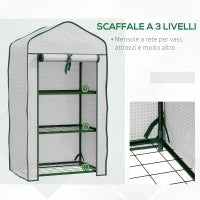 Mini Serra da Giardino con Copertura in PE, 3 Ripiani e Porta Avvolgibile, 59x39x127cm, Bianco