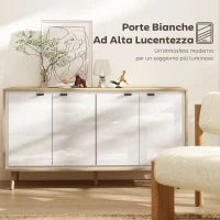 Credenza Moderna a 4 Ante con Ripiano Regolabile, 141x35x77 cm, Bianco Lucido e Rovere