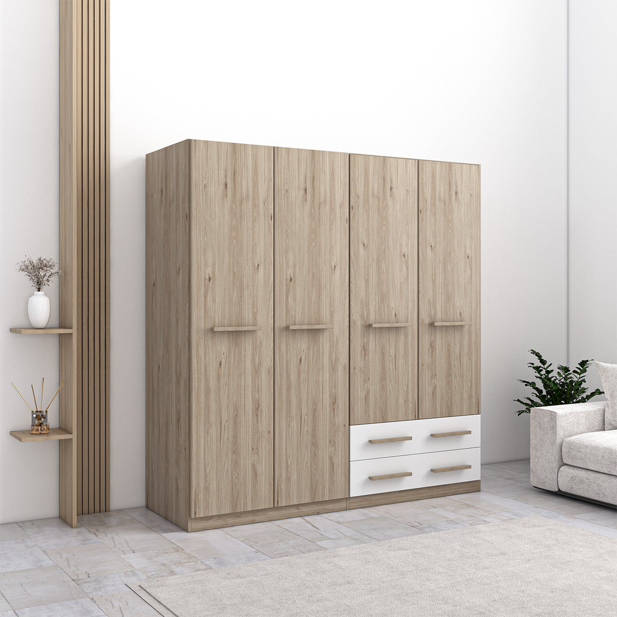 Armadio 4 ante e 2 cassetti con ripiano e appendiabiti 180X52X186H