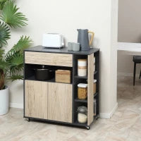 Carrello da Cucina Multiuso con Cassetto, Armadietto e Scaffale, 80x39x86.5cm, Legno e Nero