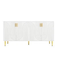 Credenza cucina design unico a onde con 4 ante e 2 cassetti, maniglie e piedi dorati, in MDF, 152×40×75 cm, Bianco