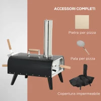 Forno per Pizza Pieghevole e Portatile con Pala e Pietra, in Acciaio e Legno, 81x40x72 cm, Nero