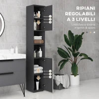 kleankin Colonna Bagno in Truciolato con 2 Ripiani Aperti e 2 Armadietti a 2 Livelli, 30x30x183 cm, Grigio