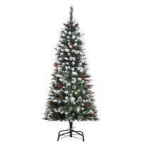 Albero di Natale Innevato Artificiale 150cm con Bacche Rosse e Pigne Bianche, Base Rimovibile Pieghevole, 408 Rami