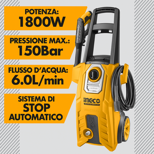 Idropulitrice elettrica 1800w 150bar inclusi accessori pulizia sporco ingco