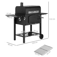 Barbecue da Giardino a 2 Ruote con Griglia, Affumicatore e Fornello, in Metallo e Ghisa, 124x66x112 cm, Nero