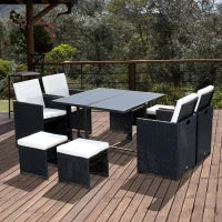 Set da Giardino in Rattan per 8 Persone 9 Pezzi Nero con Cuscini Sfoderabili Crema
