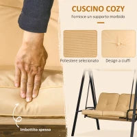Dondolo 2 Posti in Acciaio e tessuto Teslin con Tettuccio Regolabile e Cuscini, 138x106x174 cm, Beige