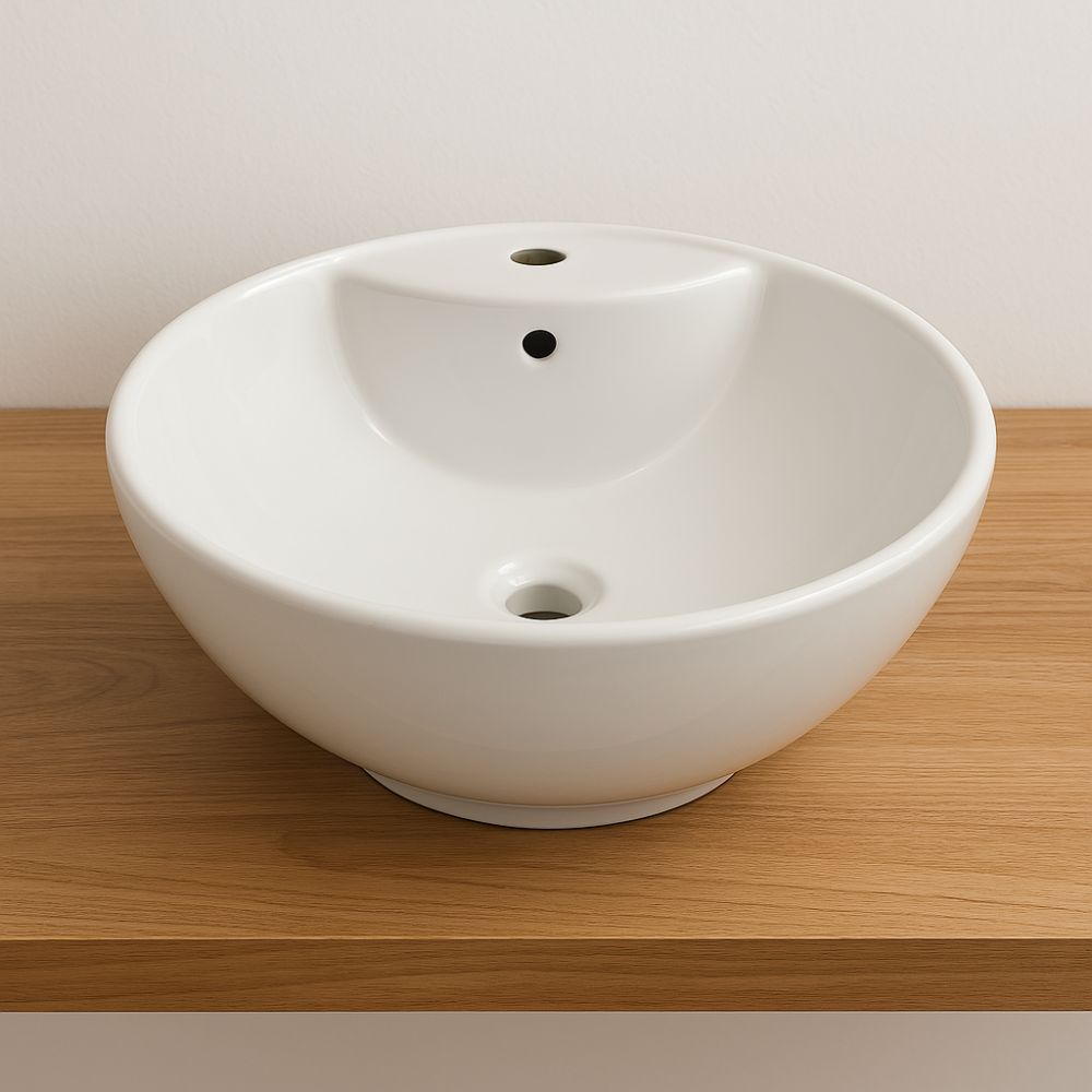 Lavabo d'appoggio ceramica bianco tondo lavandino arredo bagno cm 46x46x17