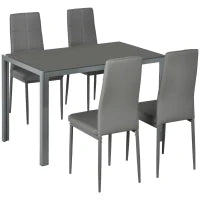 Set da Pranzo 5 Pezzi con 1 Tavolo da Pranzo e 4 Sedie Moderne in Similpelle, Metallo e Vetro Temperato, Grigio