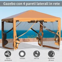 Tenda Gazebo da Giardino Pieghevole con Zanzariera, Struttura in Metallo Copertura PE, 395x295cm, Marrone