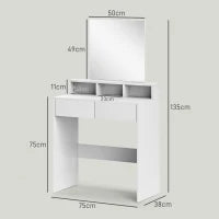 Tavolo da trucco con specchio, tavolo da trucco con 2 cassetti e 3 scomparti, stile moderno, 75 x 38 x 135 cm, bianco