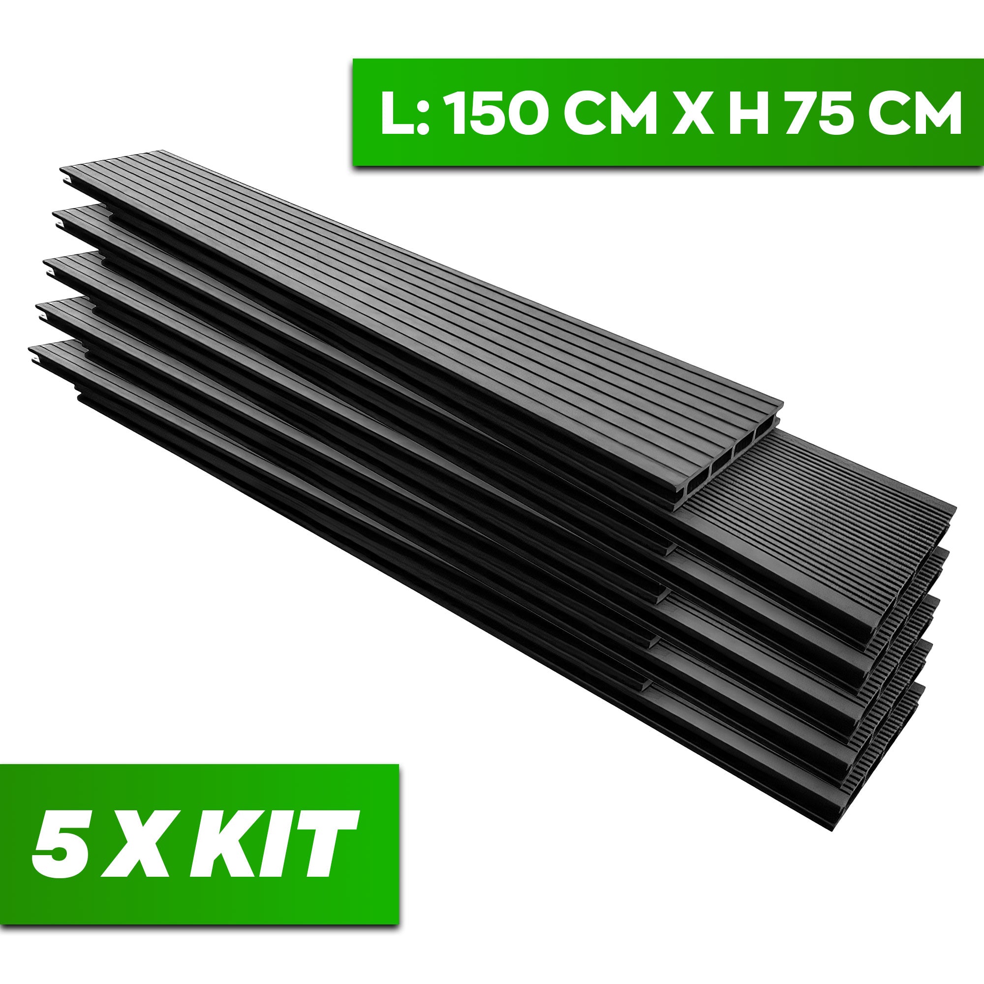 Kaido - Set di 5 Doghe Pavimento da Esterno 150x75 cm per Giardino Patio Terrazza in WPC Nero