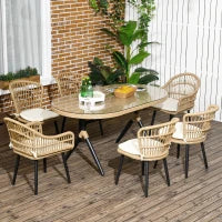 Set da Giardino 7 Pezzi in Rattan PE con Tavolo da Pranzo 153x89x74 cm e 6 Sedie 52x62x78 cm con Cuscini