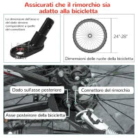 Rimorchio Bici per Bambini e Passeggino, Design 2 in 1 con Freno, Cintura a 5 Punti, Carrello Rimorchio per Bicicletta con Tasche Laterali, Catarifrangenti e Bandierina, Rosso