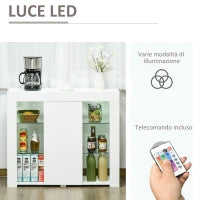 Credenza Moderna a Anta con Luci LED e Mensole in Vetro, Mobile Multiuso in Legno con Finitura Lucida, 97x35x83cm, Bianco