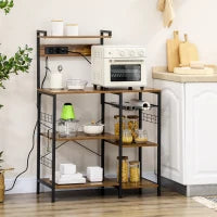 Scaffale Cucina Multipresa per Microonde con Ripiani e Cestino a Rete, 90x42x130cm, Marrone
