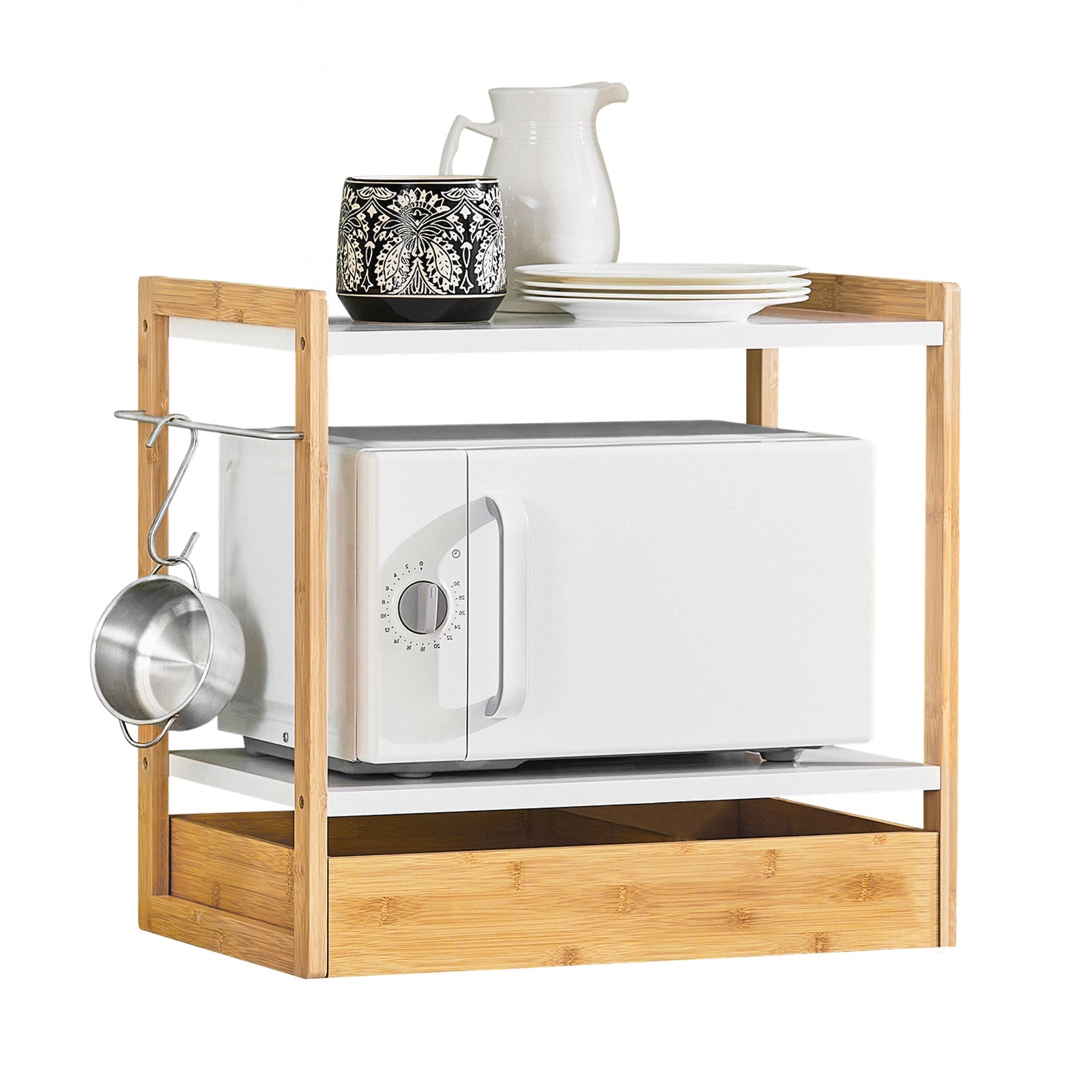 Mensola microonde Porta microonde Scaffale Cucina con 2 ripiani, 1 porta asciugamani e 1 cassetto mini ripiano portaspezie 55x35x49cm KCR07-WN