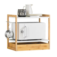 Mensola microonde Porta microonde Scaffale Cucina con 2 ripiani, 1 porta asciugamani e 1 cassetto mini ripiano portaspezie 55x35x49cm KCR07-WN