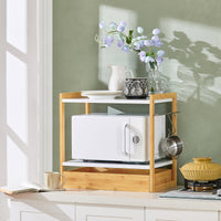 Mensola microonde Porta microonde Scaffale Cucina con 2 ripiani, 1 porta asciugamani e 1 cassetto mini ripiano portaspezie 55x35x49cm KCR07-WN