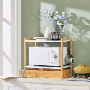 Mensola microonde Porta microonde Scaffale Cucina con 2 ripiani, 1 porta asciugamani e 1 cassetto mini ripiano portaspezie 55x35x49cm KCR07-WN