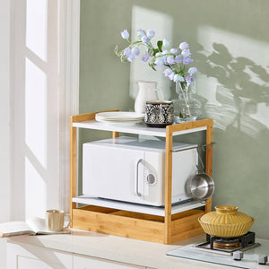 Mensola microonde Porta microonde Scaffale Cucina con 2 ripiani, 1 porta asciugamani e 1 cassetto mini ripiano portaspezie 55x35x49cm KCR07-WN