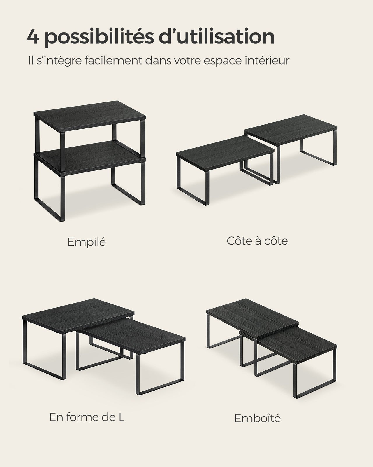 Set di 2 portaspezie organizer da cucina ripiani da banco ripiani per armadietti impilabili in metallo e bambù nero 12_0005823