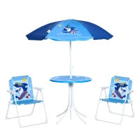Tavolo e Sedie per Bambini da Giardino con Ombrellone Regolabile, Set 4 Pezzi, Età 3-6 Anni, Blu