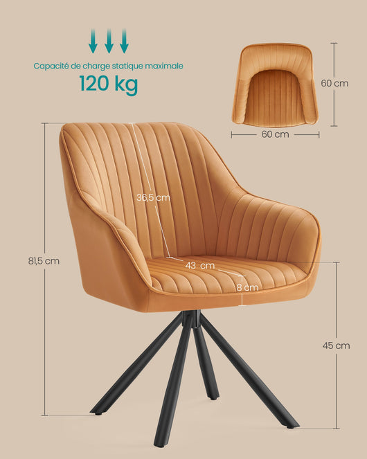 Sedia da pranzo girevole in velluto con braccioli portata 120 kg gambe in acciaio per sala da pranzo cucina marrone 12_0004967