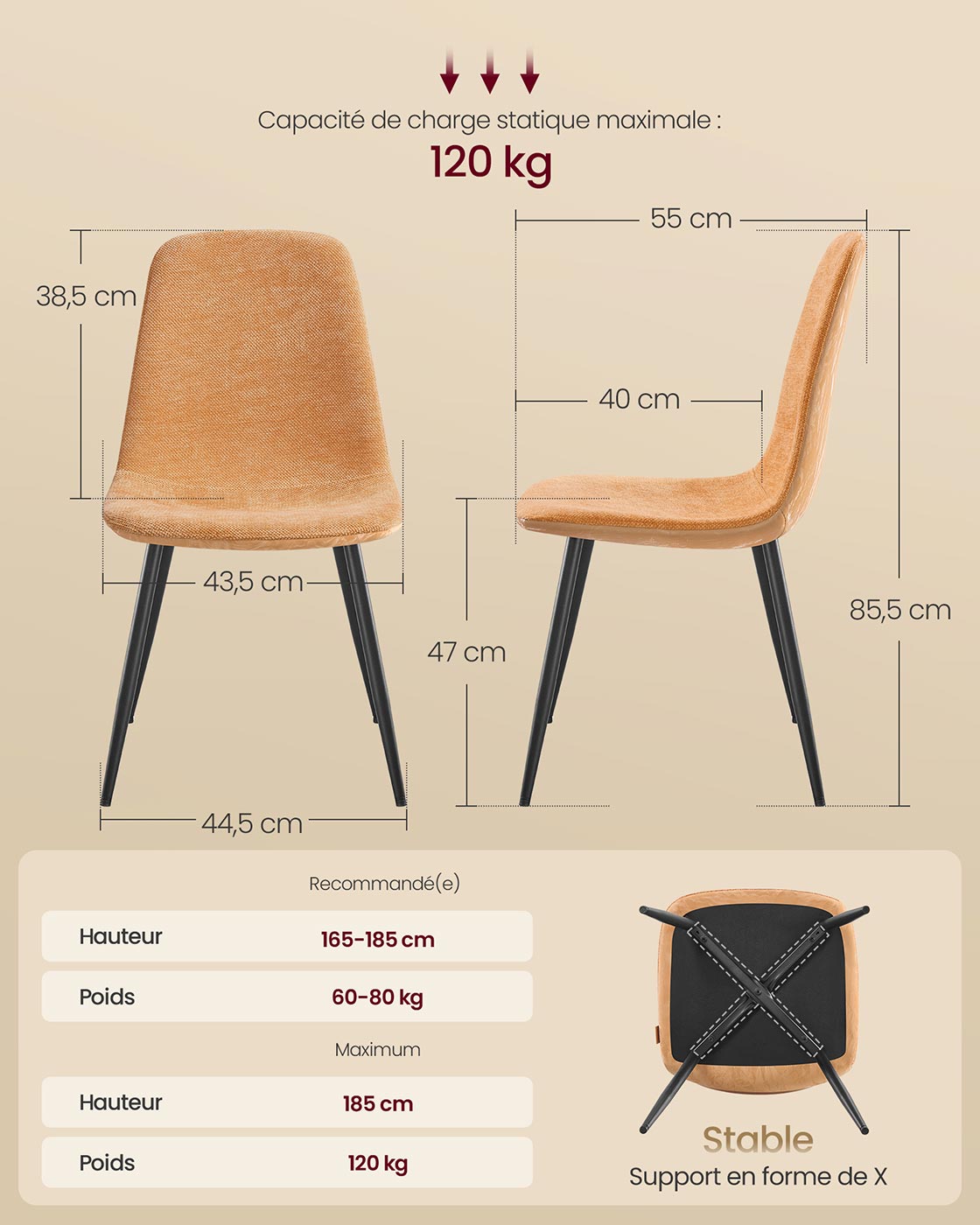 Set di 4 sedie da pranzo con supporto in metallo piedini regolabili facili da pulire sedie da cucina in tessuto ciniglia PU testurizzato smaltato marrone 12_0004986