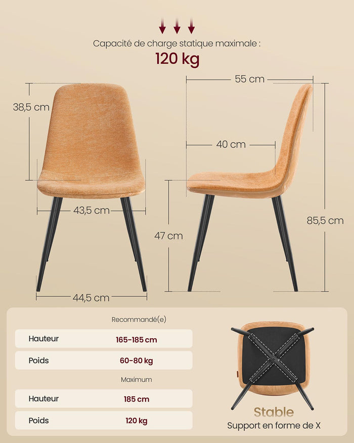 Set di 4 sedie da pranzo con supporto in metallo piedini regolabili facili da pulire sedie da cucina in tessuto ciniglia PU testurizzato smaltato marrone 12_0004986