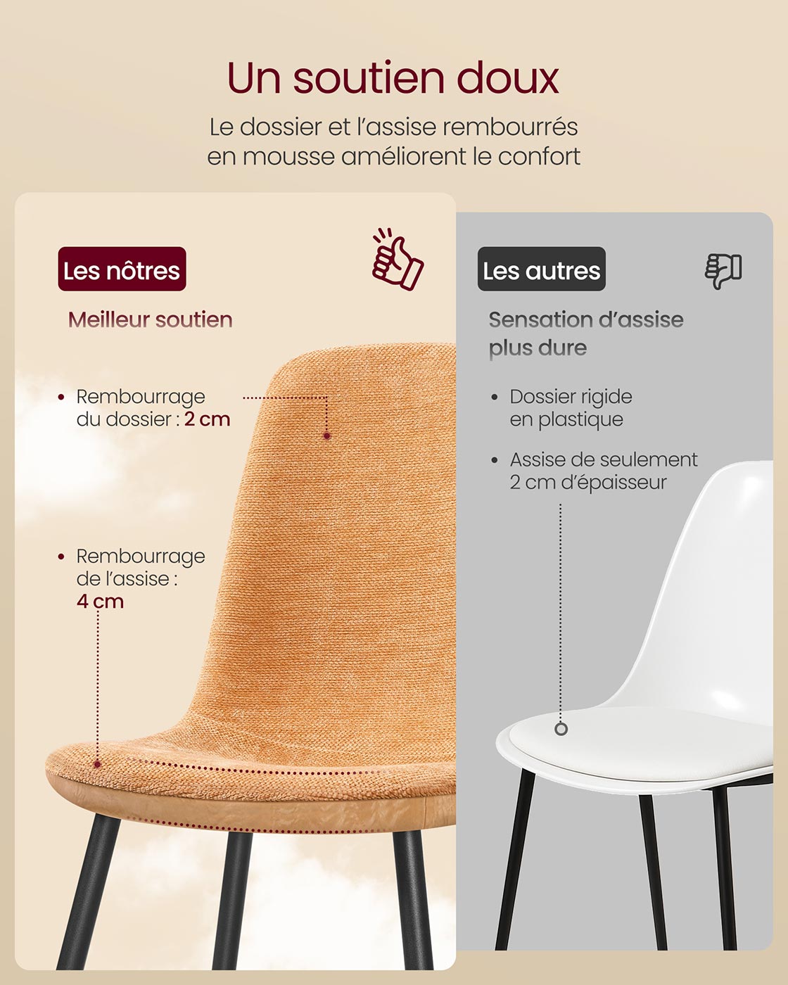 Set di 4 sedie da pranzo con supporto in metallo piedini regolabili facili da pulire sedie da cucina in tessuto ciniglia PU testurizzato smaltato marrone 12_0004986