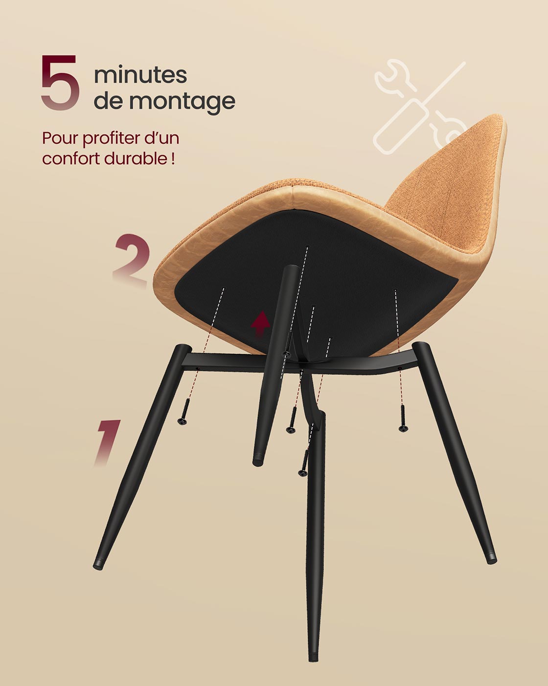 Set di 4 sedie da pranzo con supporto in metallo piedini regolabili facili da pulire sedie da cucina in tessuto ciniglia PU testurizzato smaltato marrone 12_0004986